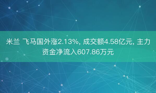米兰 飞马国外涨2.13%， 成交额4.58亿元， 主力资金净流入607.86万元